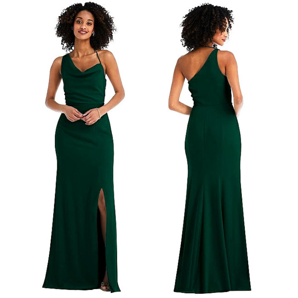 After Six One-Shoulder Draped Cowl-Neck Maxi Dress With Slit In Evergreen